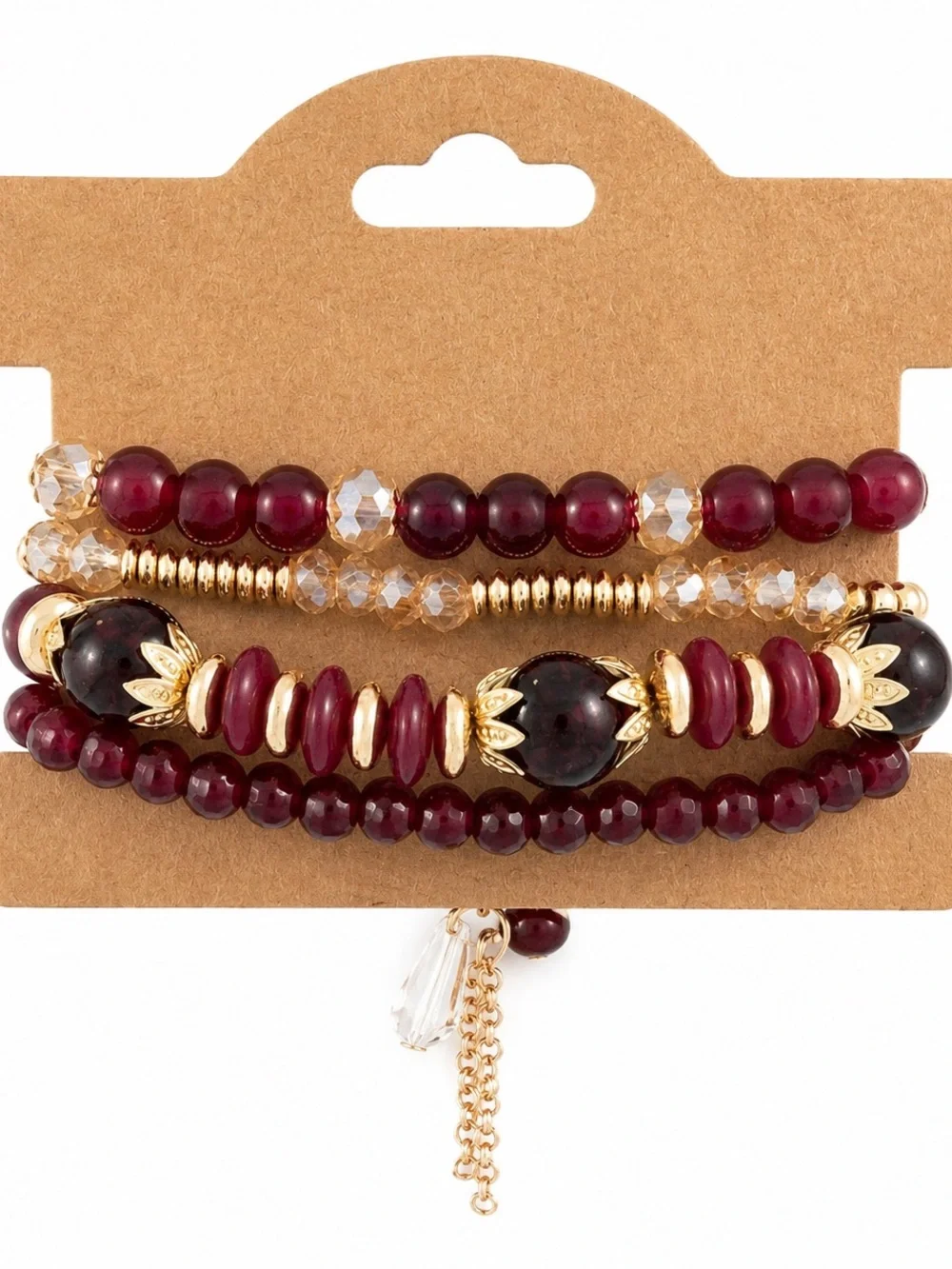 Burgundy Gold Beaded Bracelet Stack Crystal Charm Stretch Boho Layered Set NWT
